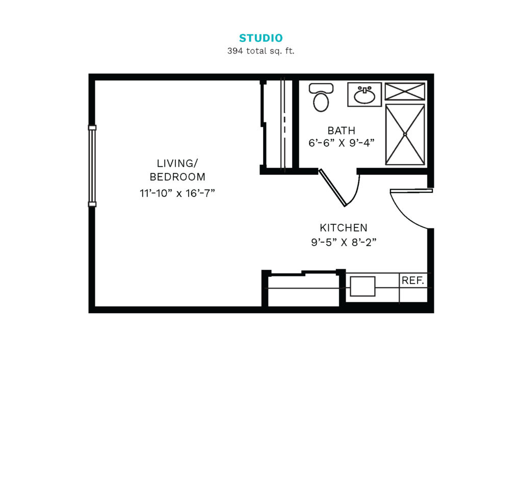 The Point Pleasant layout for a studio, 394 square feet.