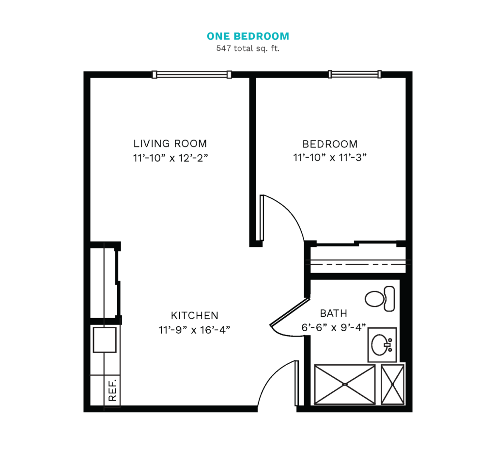 The Point Pleasant layout for a one bedroom, 547 square feet.