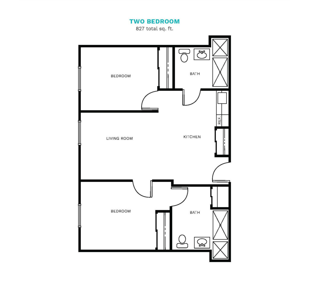 The Point Pleasant layout for a 2 bedroom, 2 bathroom, 827 square foot apartment.