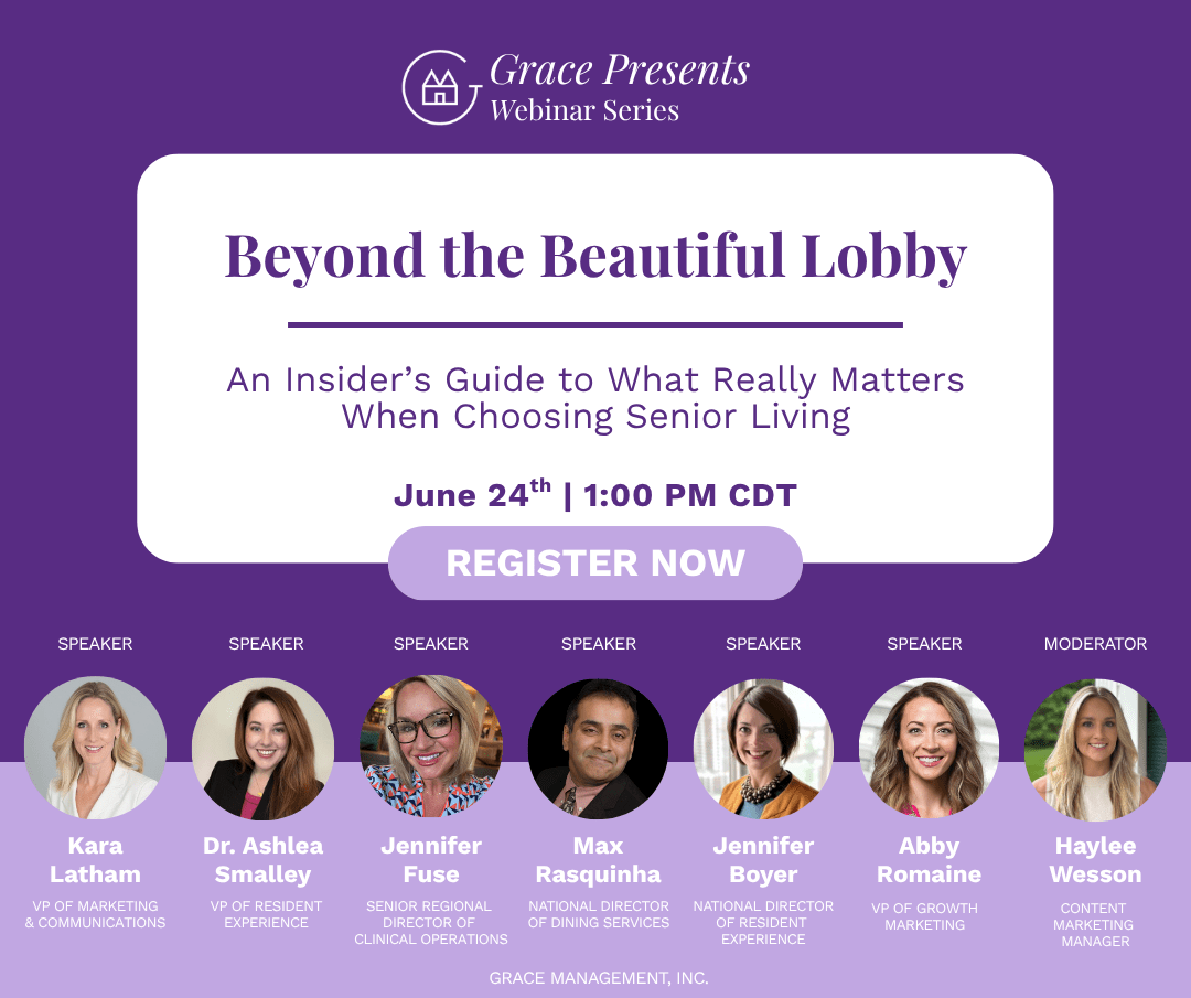 Banner for Grace Presents Webinar: Beyond the Beautiful Lobby. Date June 24, 1:00 PM CDT. 'Register Now' button; seven speaker headshots with names and titles.