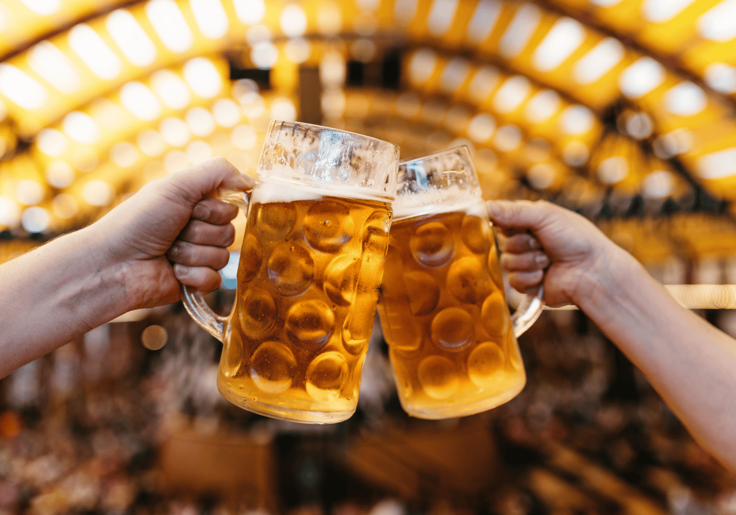 Two hands clink their frothy beer mugs in a warm, festive beer hall background.
