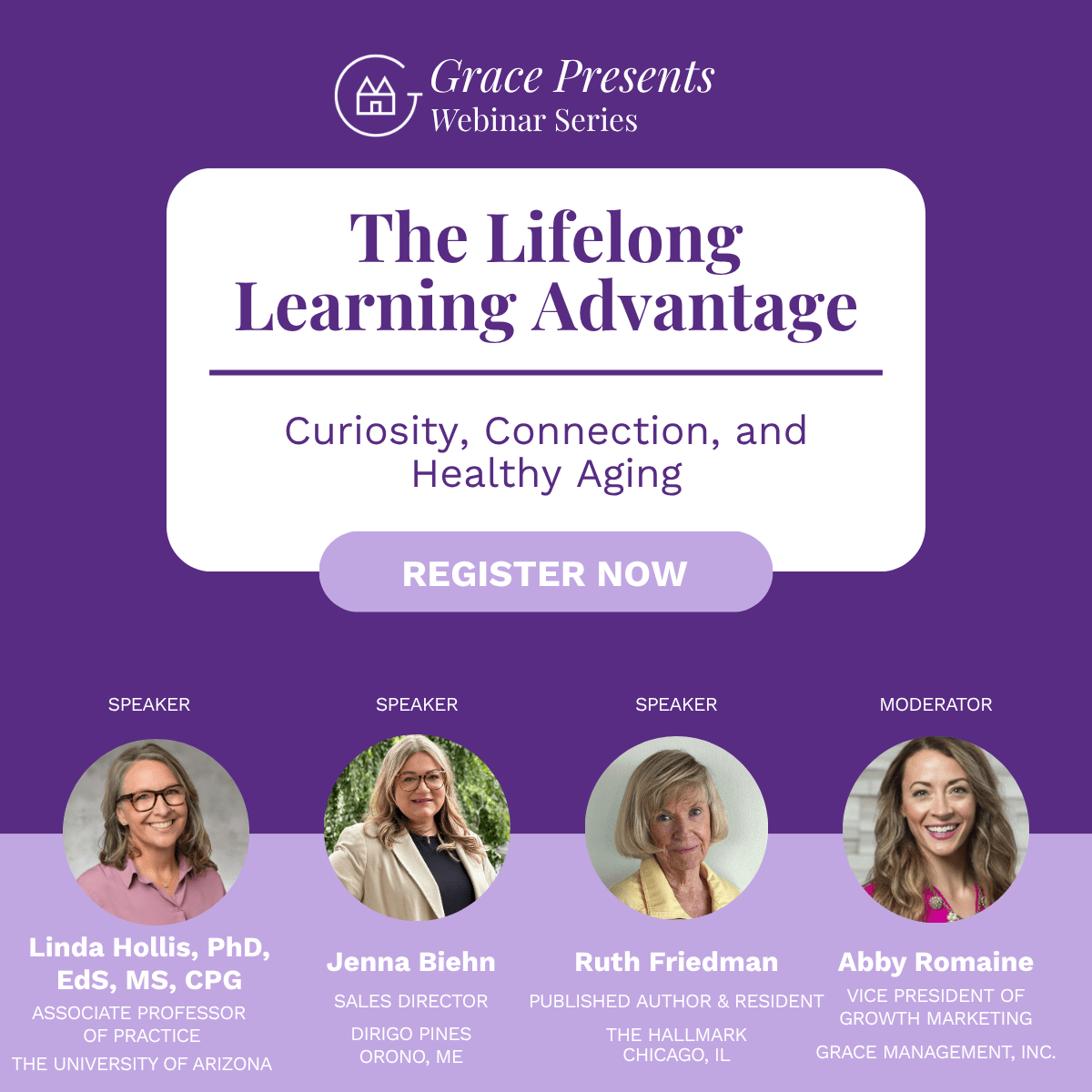 Purple Grace Presents Webinar Series banner for 'The Lifelong Learning Advantage' with a 'Register Now' button and four speaker headshots with titles beneath their names.